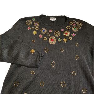 Vintage 80s Black Beaded Statement Sweater Gold Embellished Knit Size L